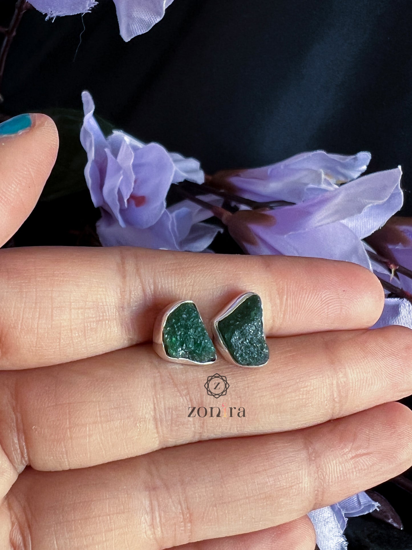 Aabis Silver Studs - Raw Green Aventurine