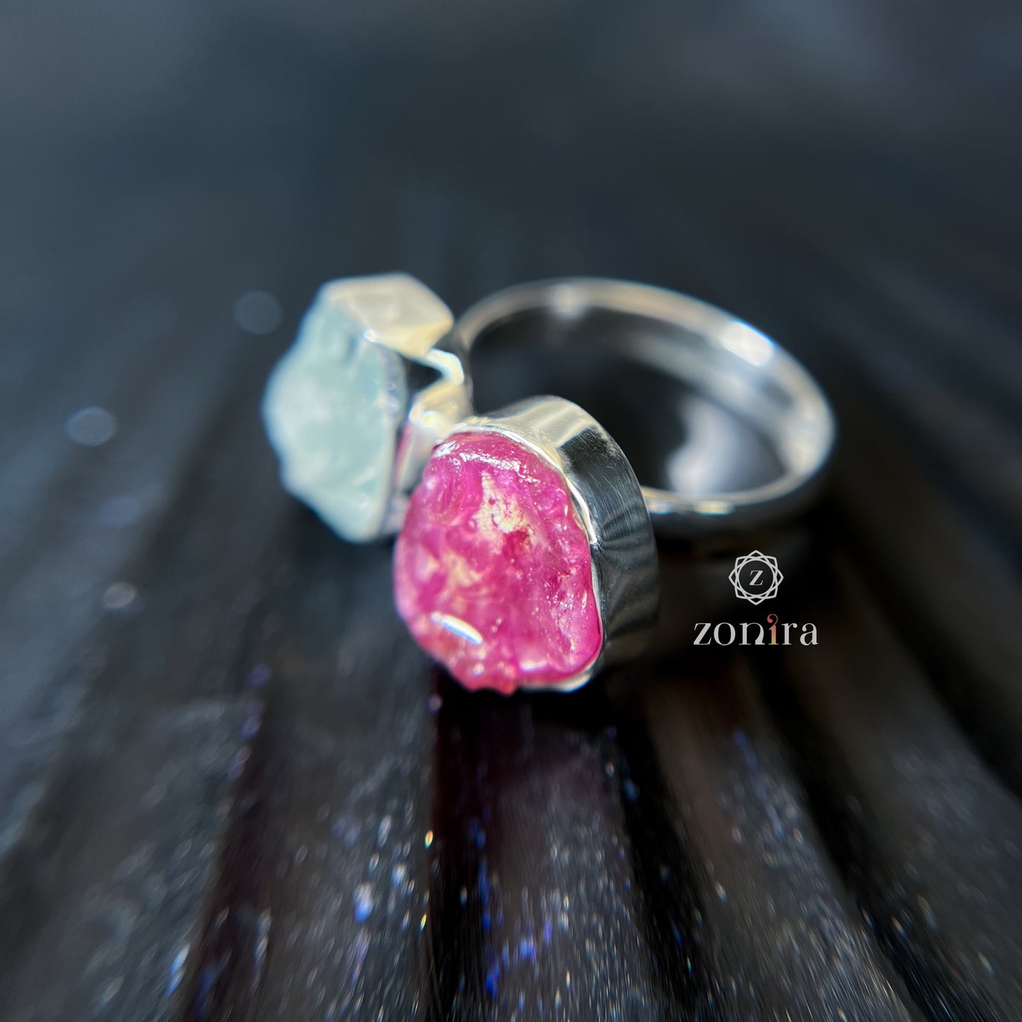 Liba Silver Ring - Raw Aquamarine & Ruby