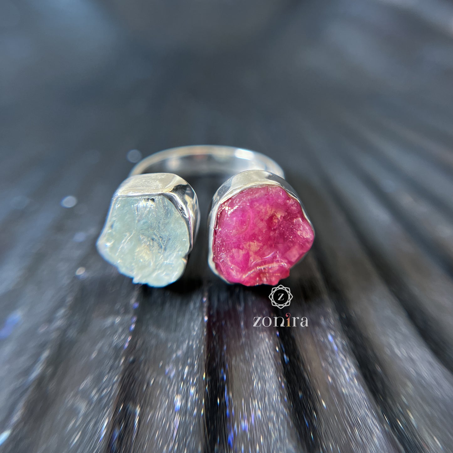 Liba Silver Ring - Raw Aquamarine & Ruby