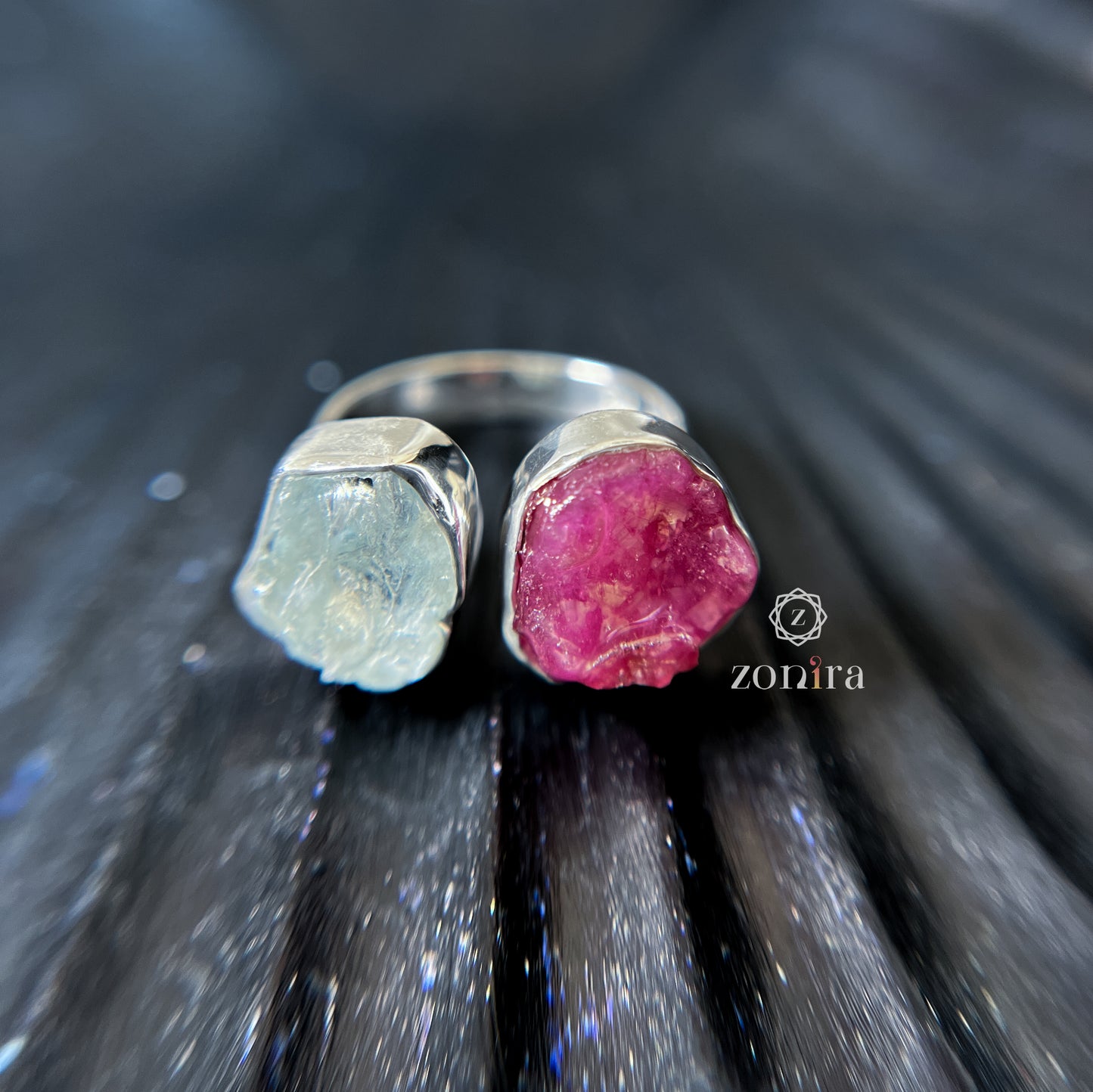Liba Silver Ring - Raw Aquamarine & Ruby