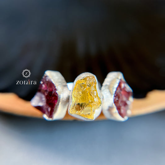 Aadya Silver Ring - Raw Citrine & Garnet