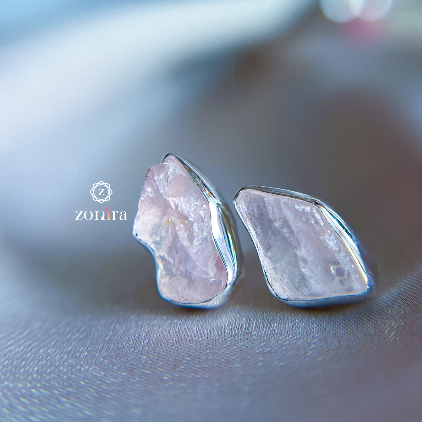 Aabis Silver Studs - Raw Rose Quartz