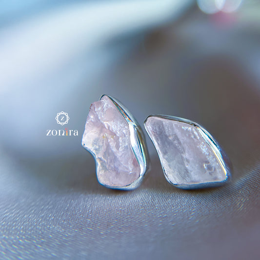 Aabis Silver Studs - Raw Rose Quartz