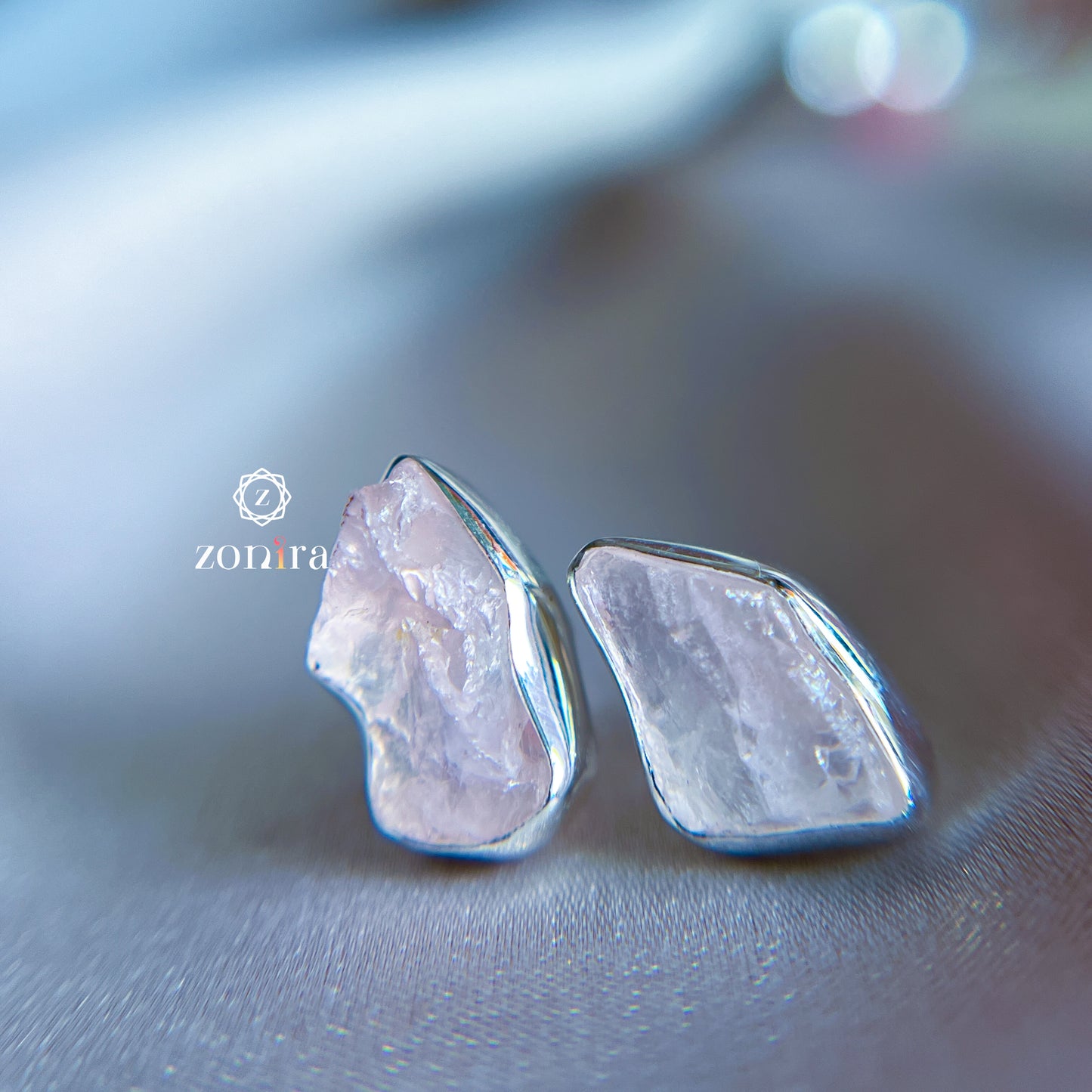 Aabis Silver Studs - Raw Rose Quartz