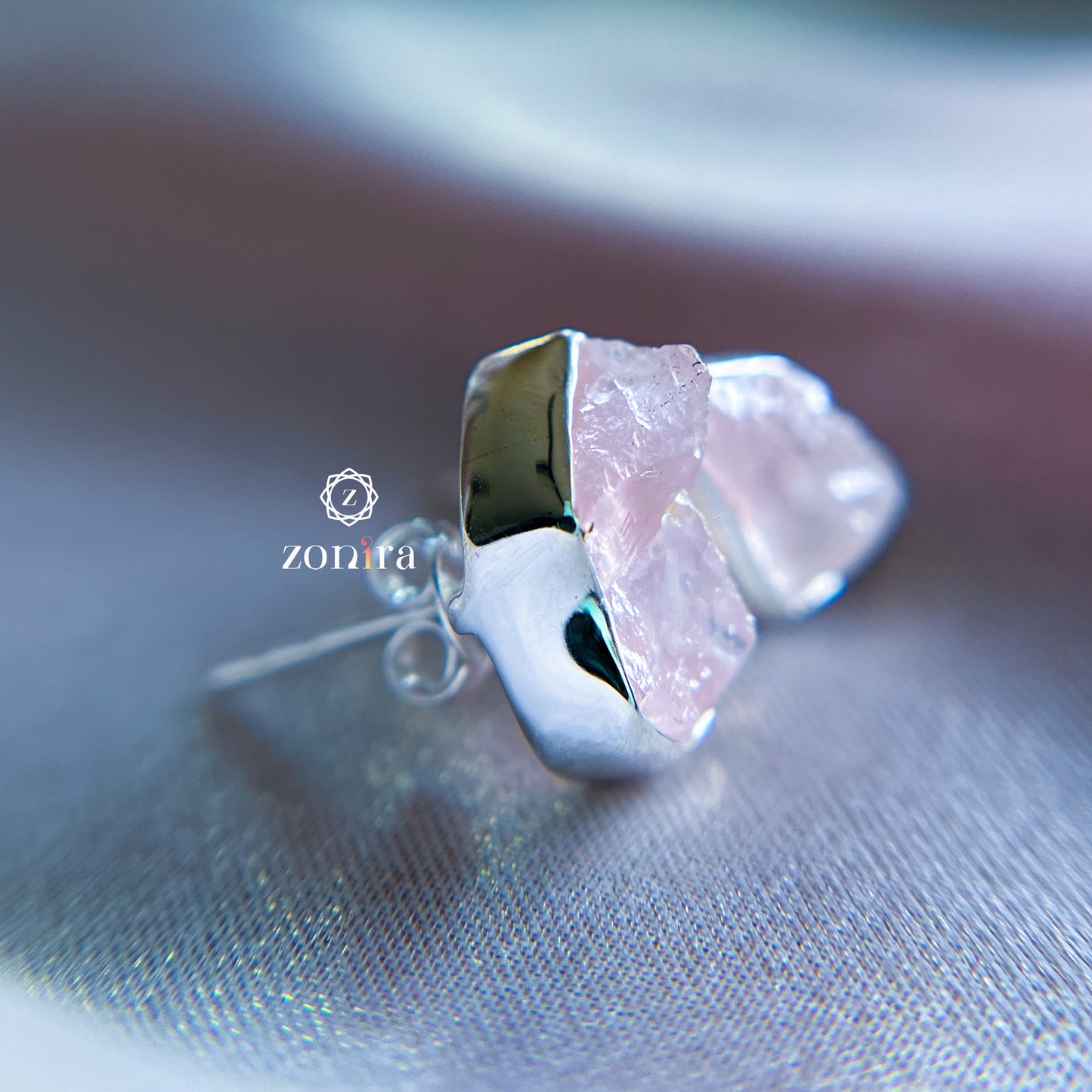 Aabis Silver Studs - Raw Rose Quartz