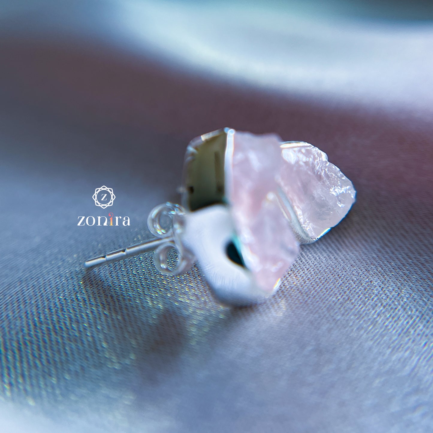 Aabis Silver Studs - Raw Rose Quartz