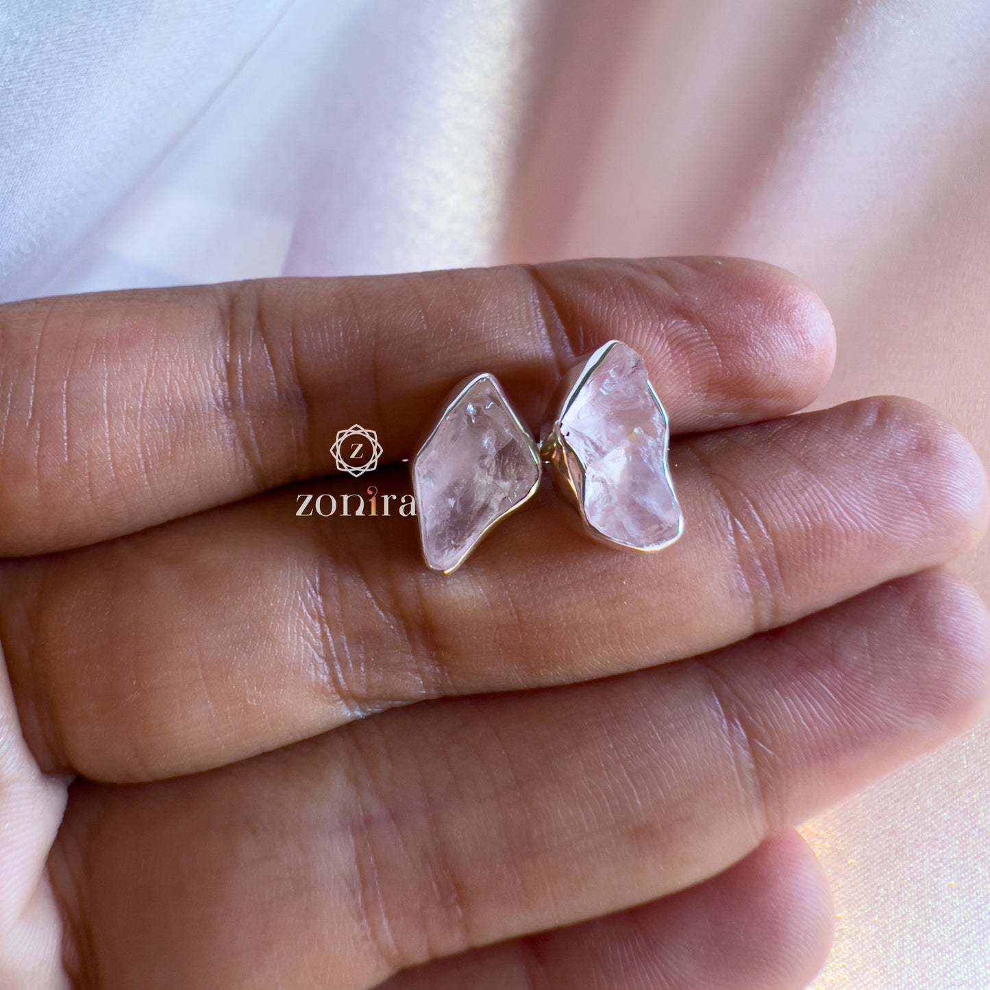 Aabis Silver Studs - Raw Rose Quartz