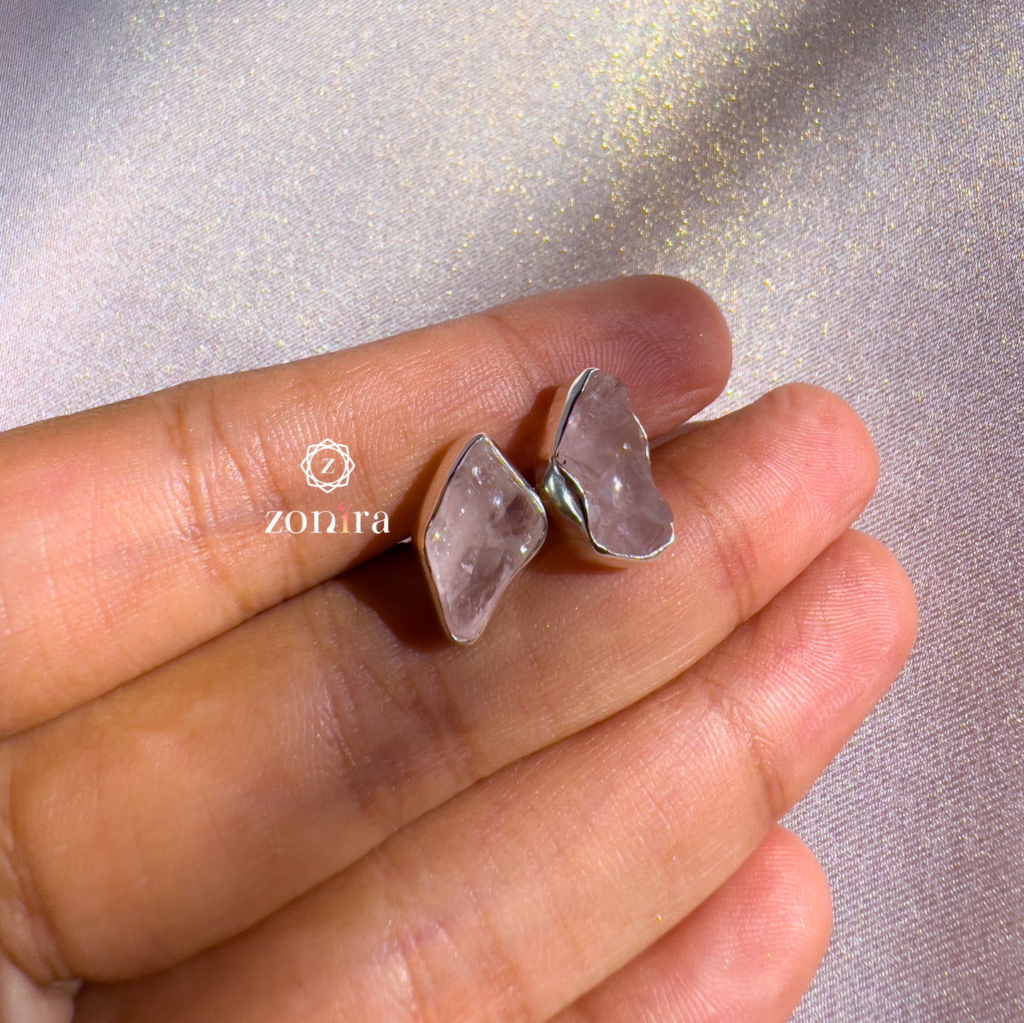 Aabis Silver Studs - Raw Rose Quartz