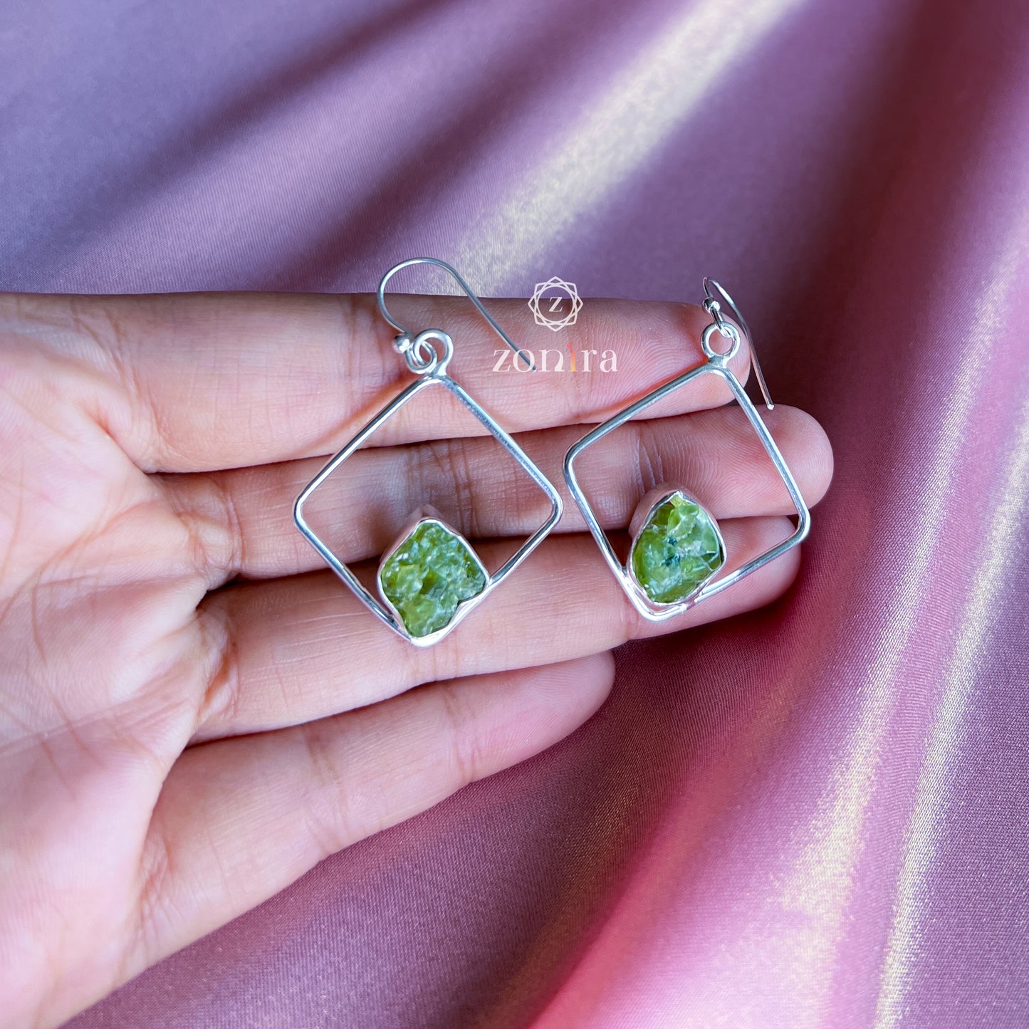 Kamlee Silver Danglers - Raw Peridot