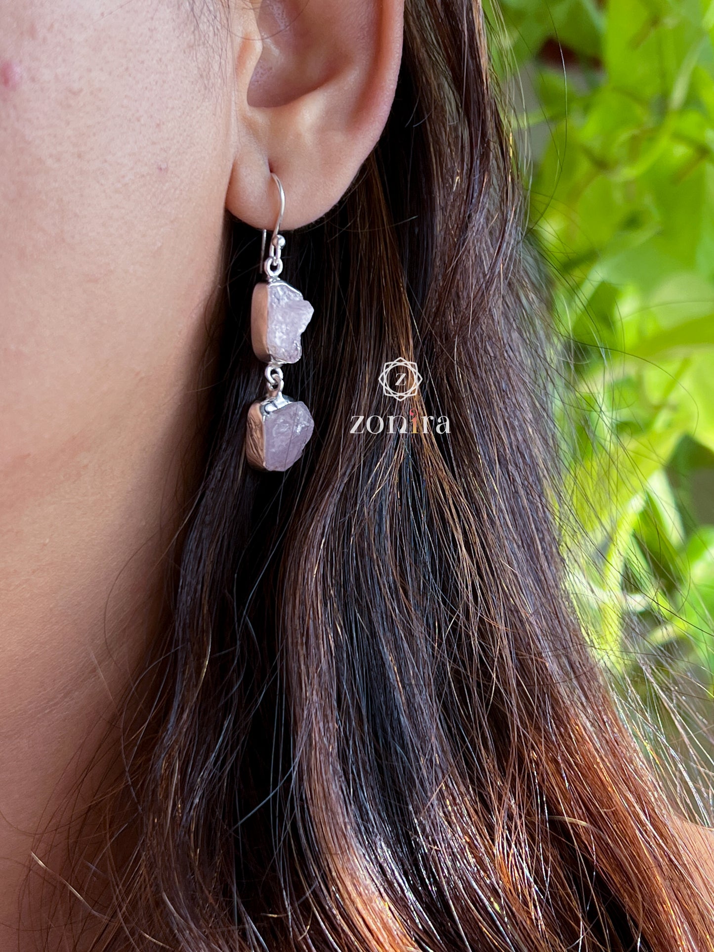 Liba Silver Danglers - Raw Rose Quartz