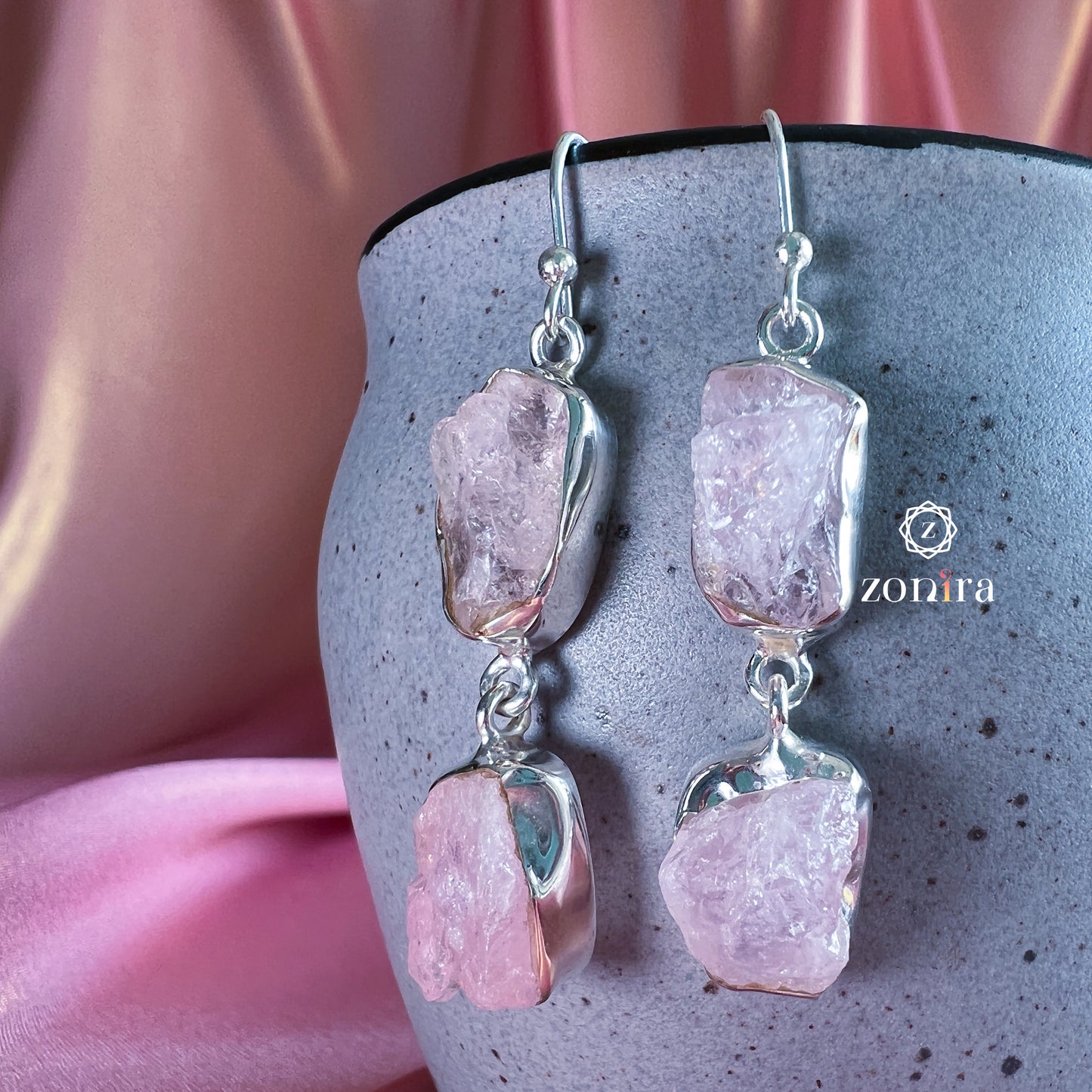 Liba Silver Danglers - Raw Rose Quartz