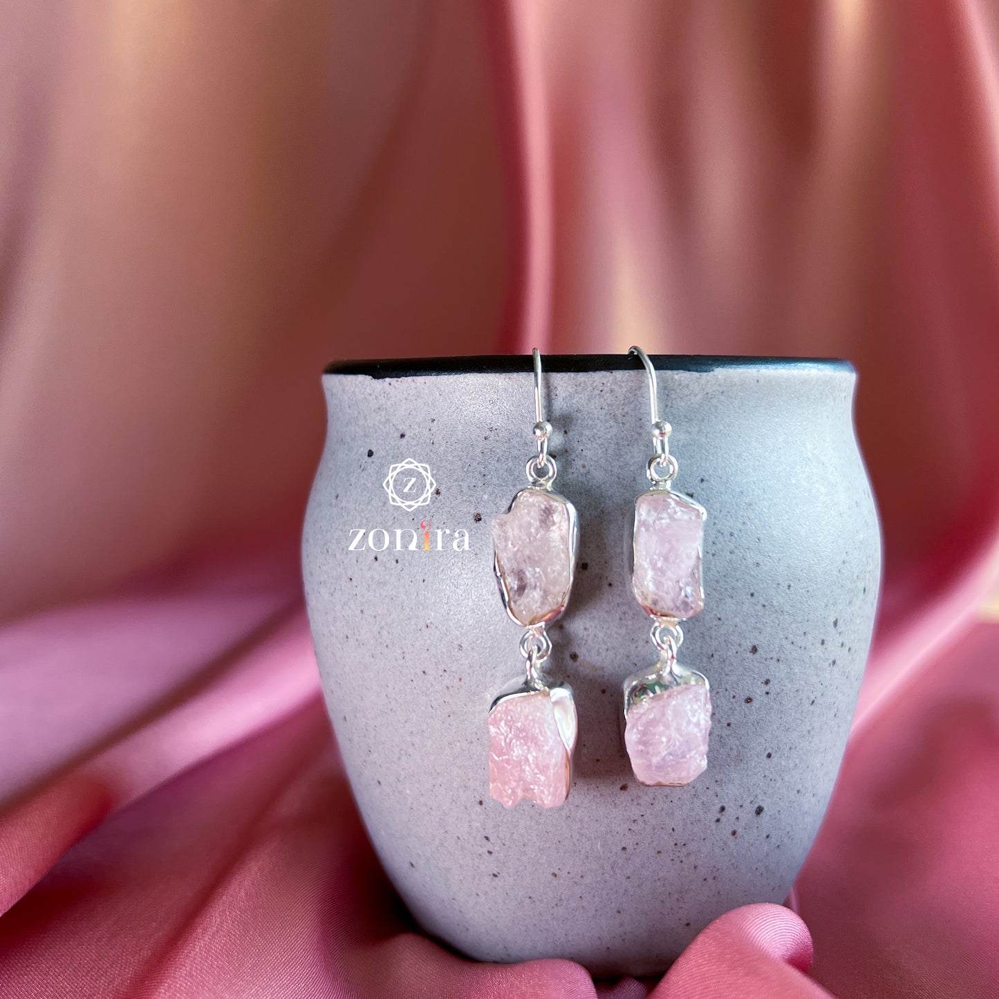 Liba Silver Danglers - Raw Rose Quartz