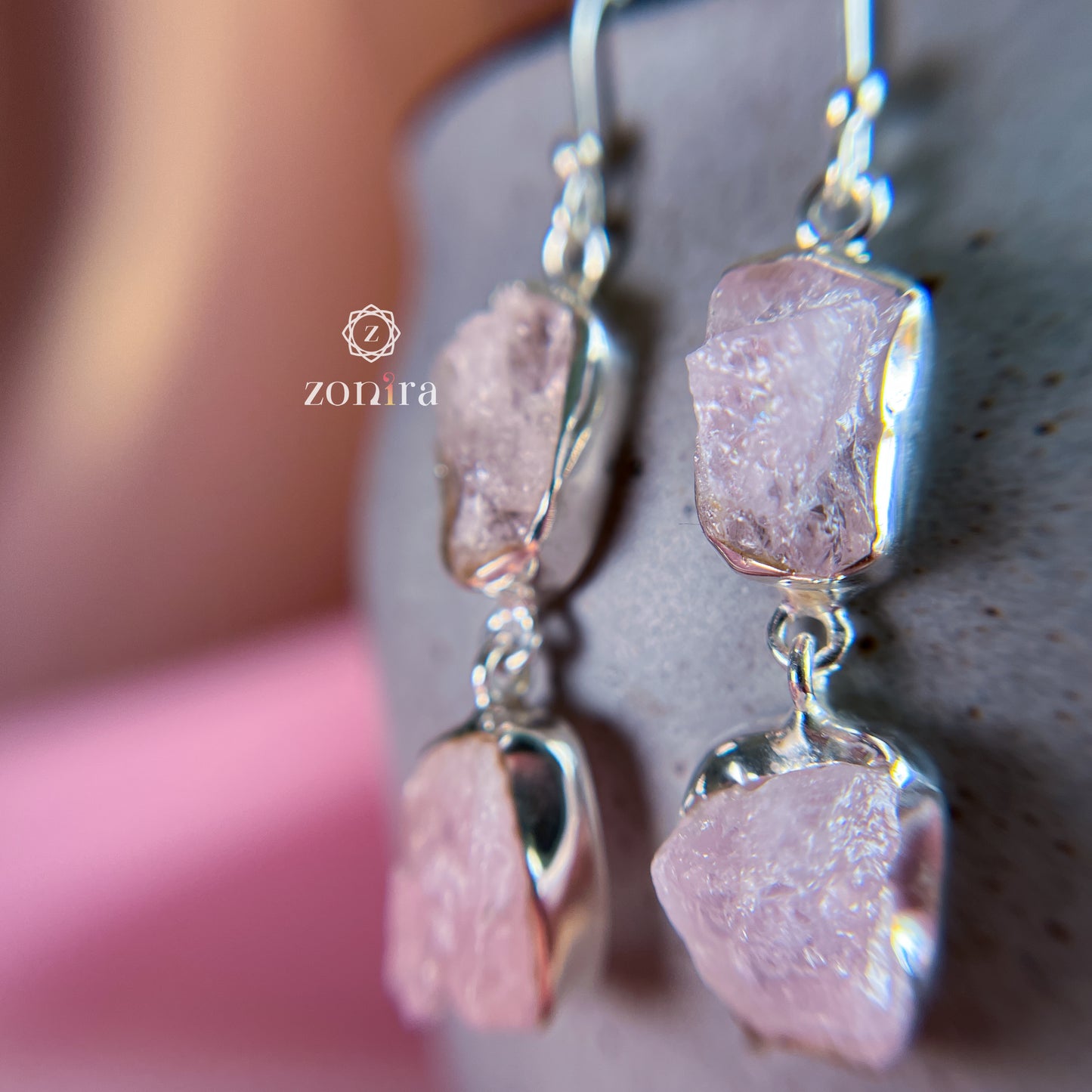 Liba Silver Danglers - Raw Rose Quartz