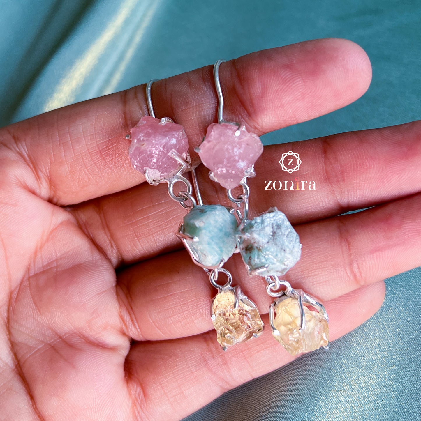 Eva Silver Danglers - Raw Amazonite, Citrine & Rose Quartz