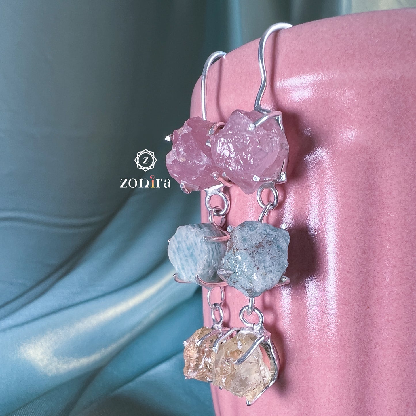 Eva Silver Danglers - Raw Amazonite, Citrine & Rose Quartz