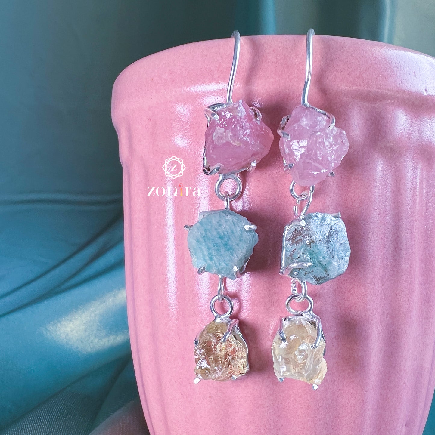 Eva Silver Danglers - Raw Amazonite, Citrine & Rose Quartz