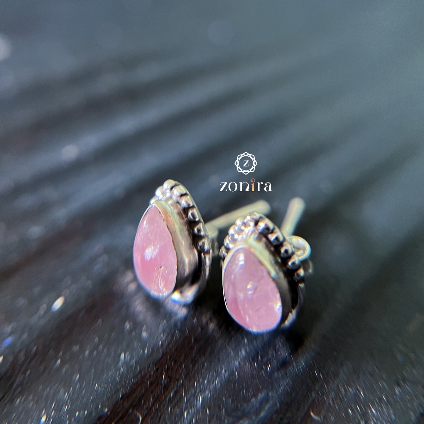 Onila Oxidised Silver Studs - Rose Quartz