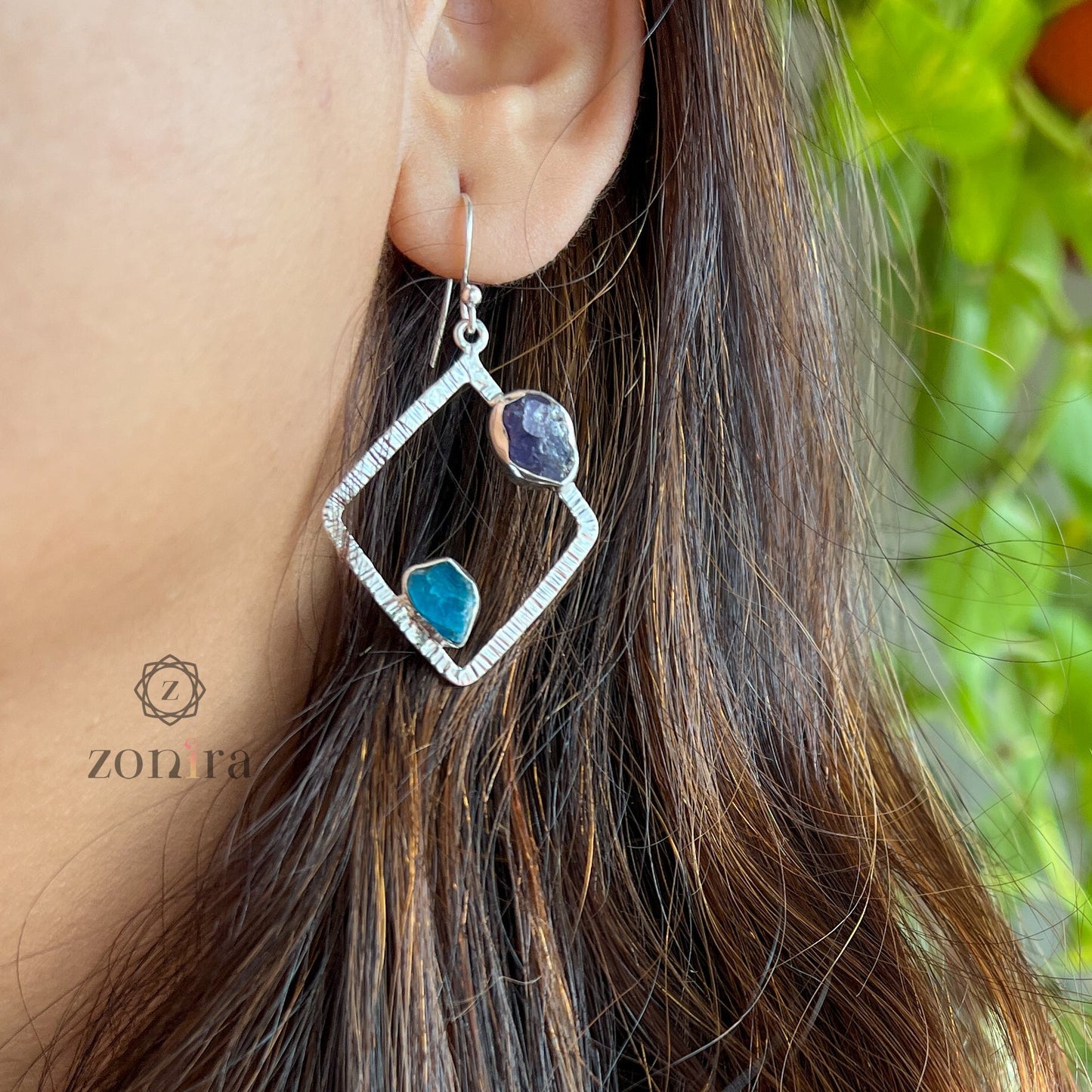 Barfi Silver Danglers - Raw Tanzanite & Apatite