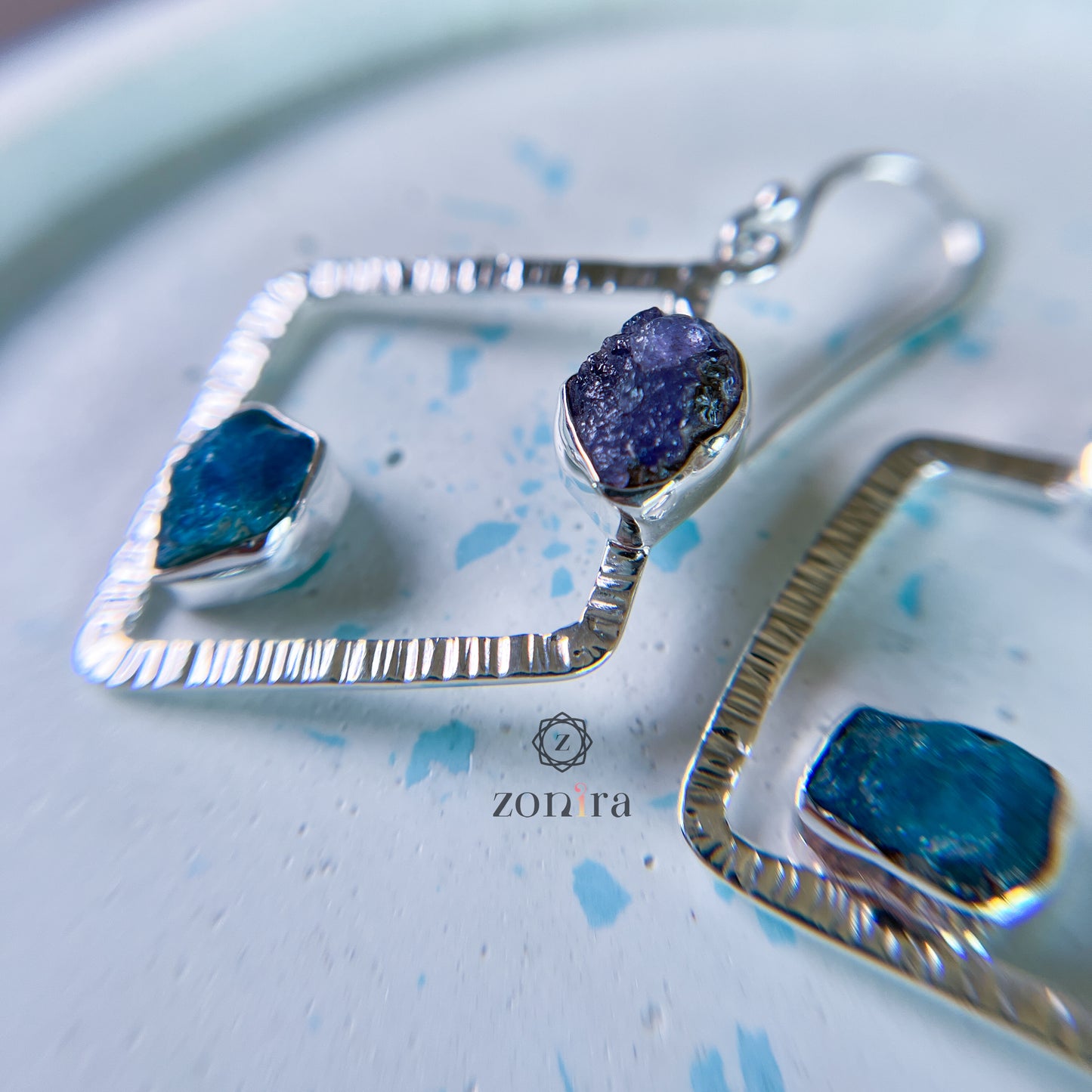 Barfi Silver Danglers - Raw Tanzanite & Apatite