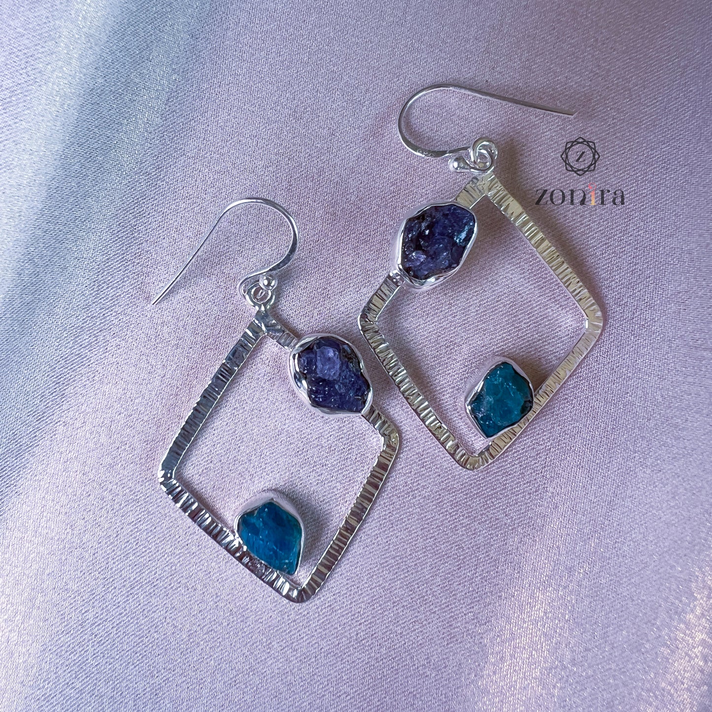 Barfi Silver Danglers - Raw Tanzanite & Apatite