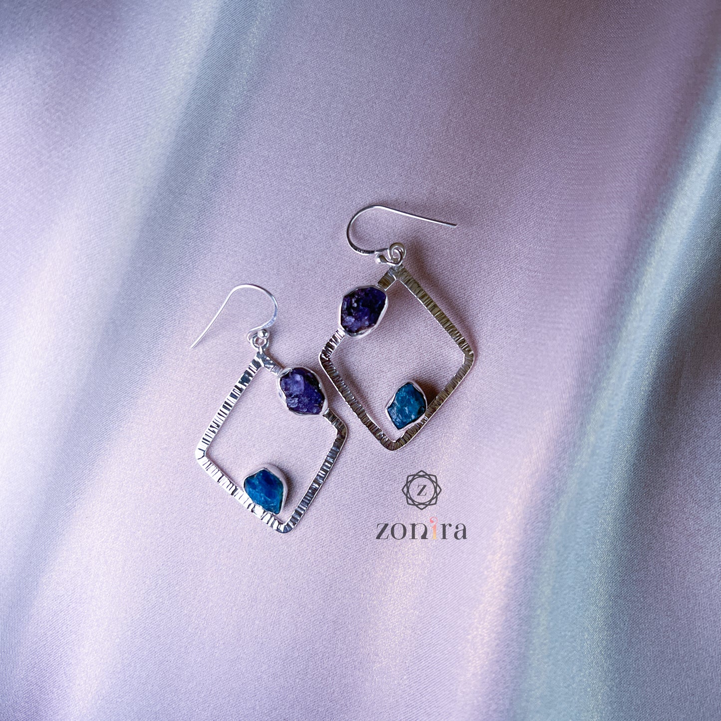 Barfi Silver Danglers - Raw Tanzanite & Apatite