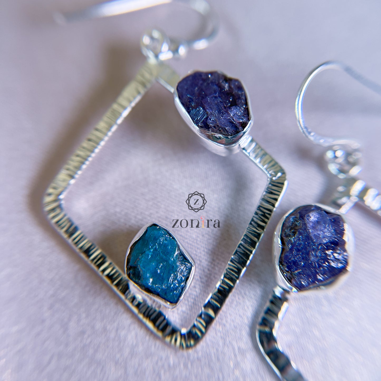 Barfi Silver Danglers - Raw Tanzanite & Apatite