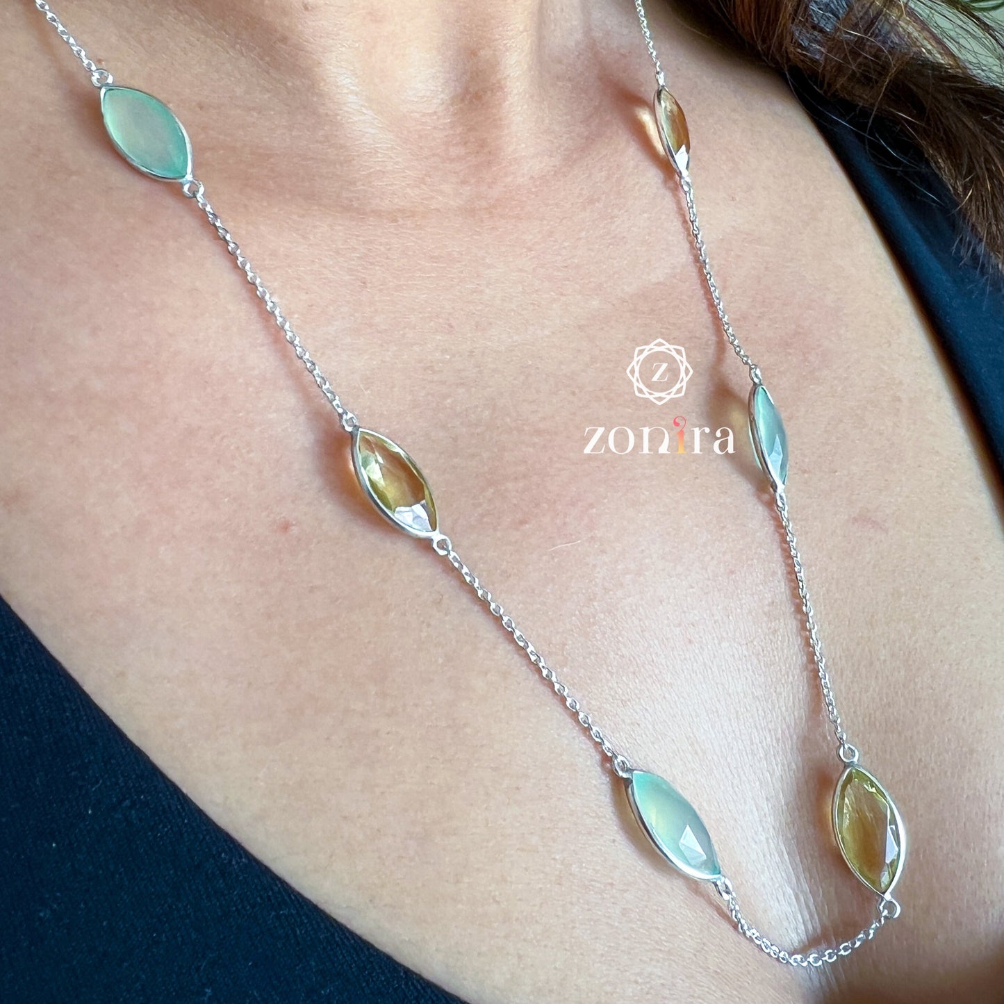 Ecstacy Silver Necklace - Prehnite Chalcedony & Lemon Topaz