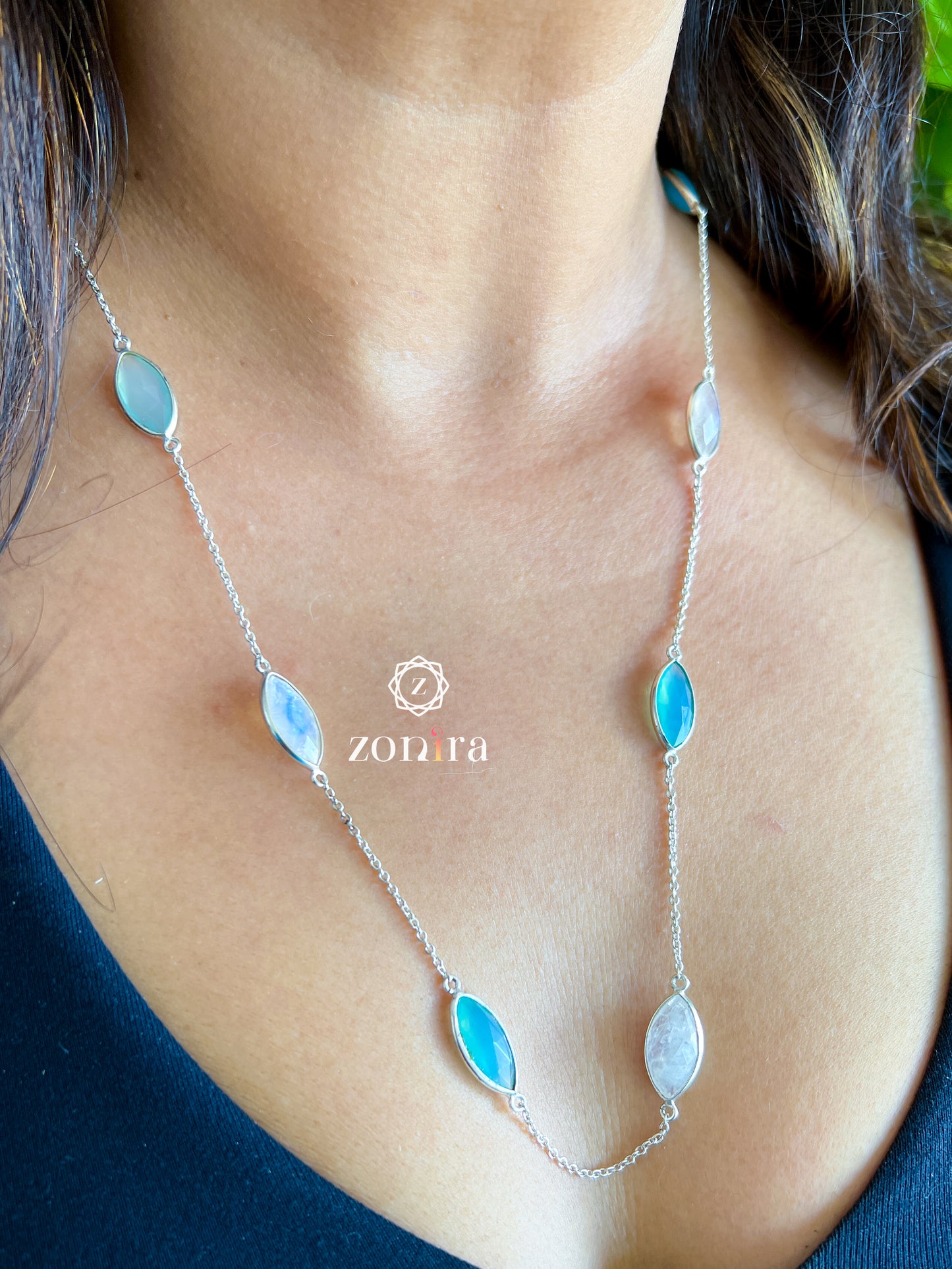 Ecstacy Silver Necklace - Aqua Chalcedony & Rainbow Moonstone