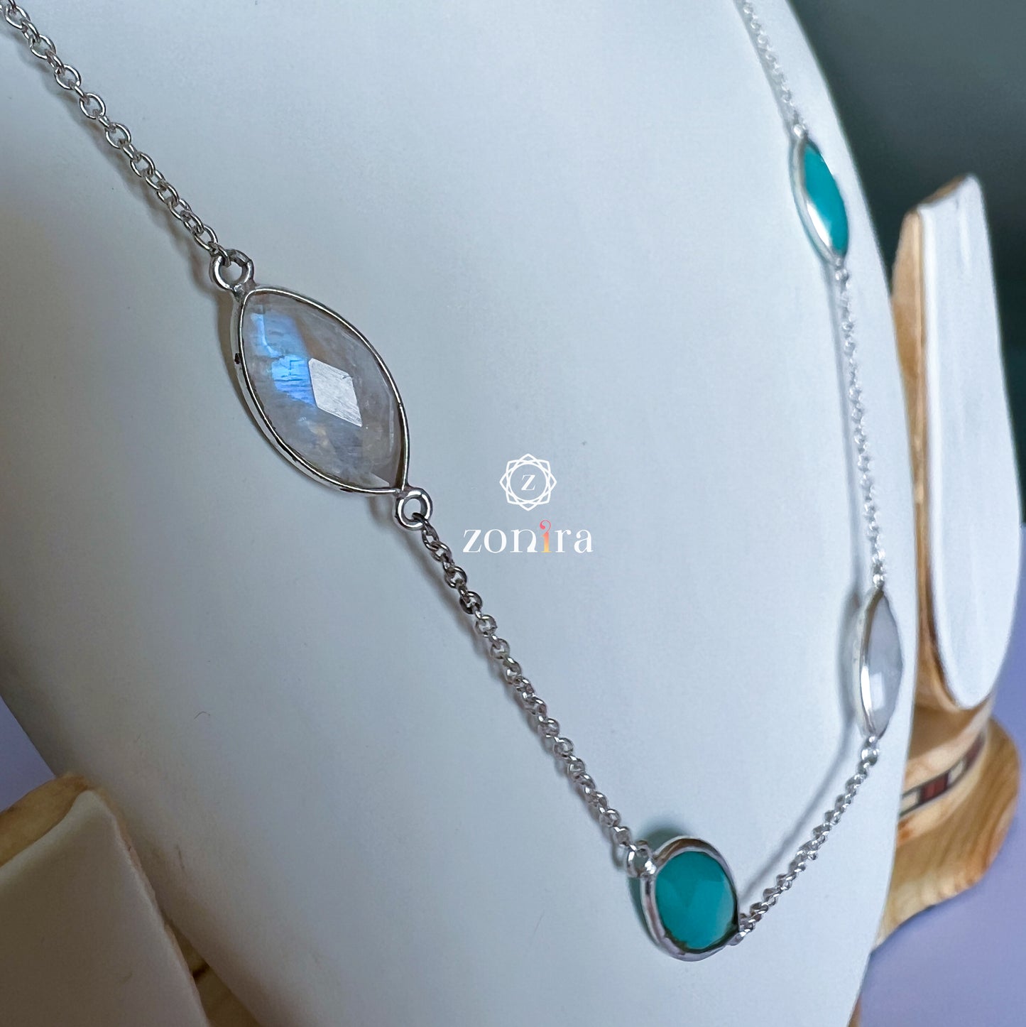 Ecstacy Silver Necklace - Aqua Chalcedony & Rainbow Moonstone