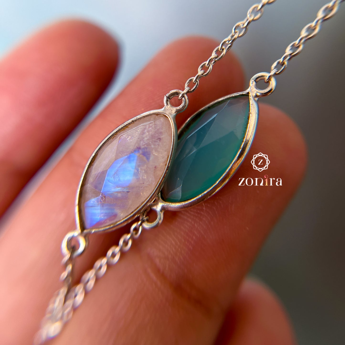 Ecstacy Silver Necklace - Aqua Chalcedony & Rainbow Moonstone