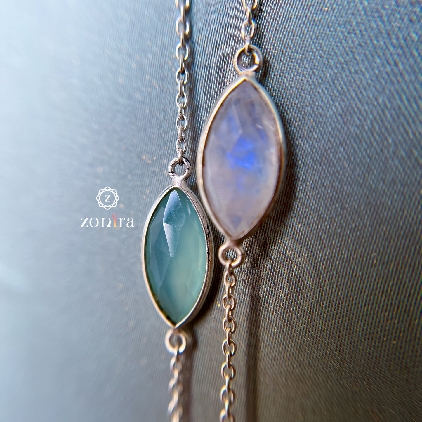 Ecstacy Silver Necklace - Aqua Chalcedony & Rainbow Moonstone