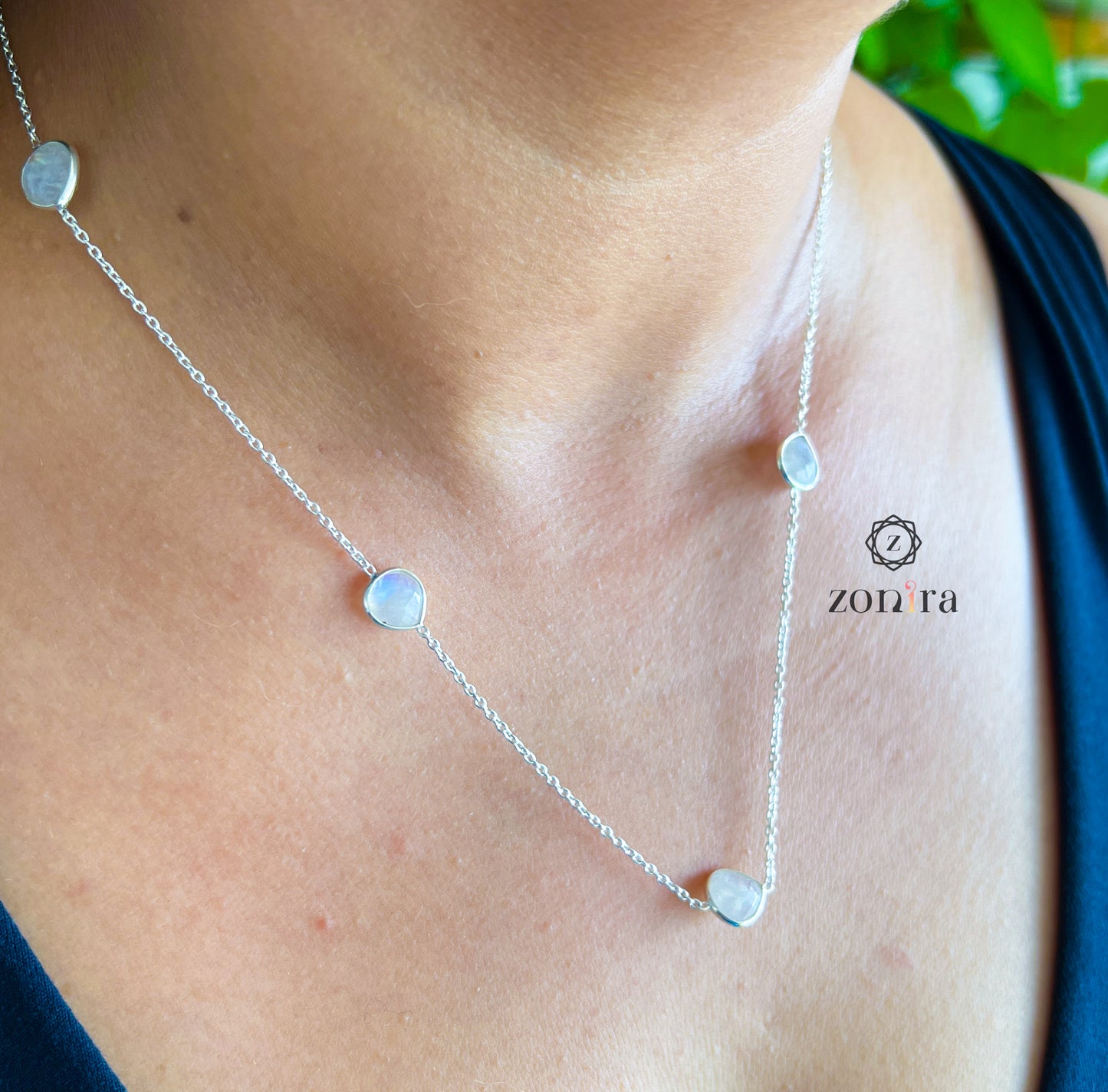 Ecstacy Silver Necklace - Rainbow Moonstone