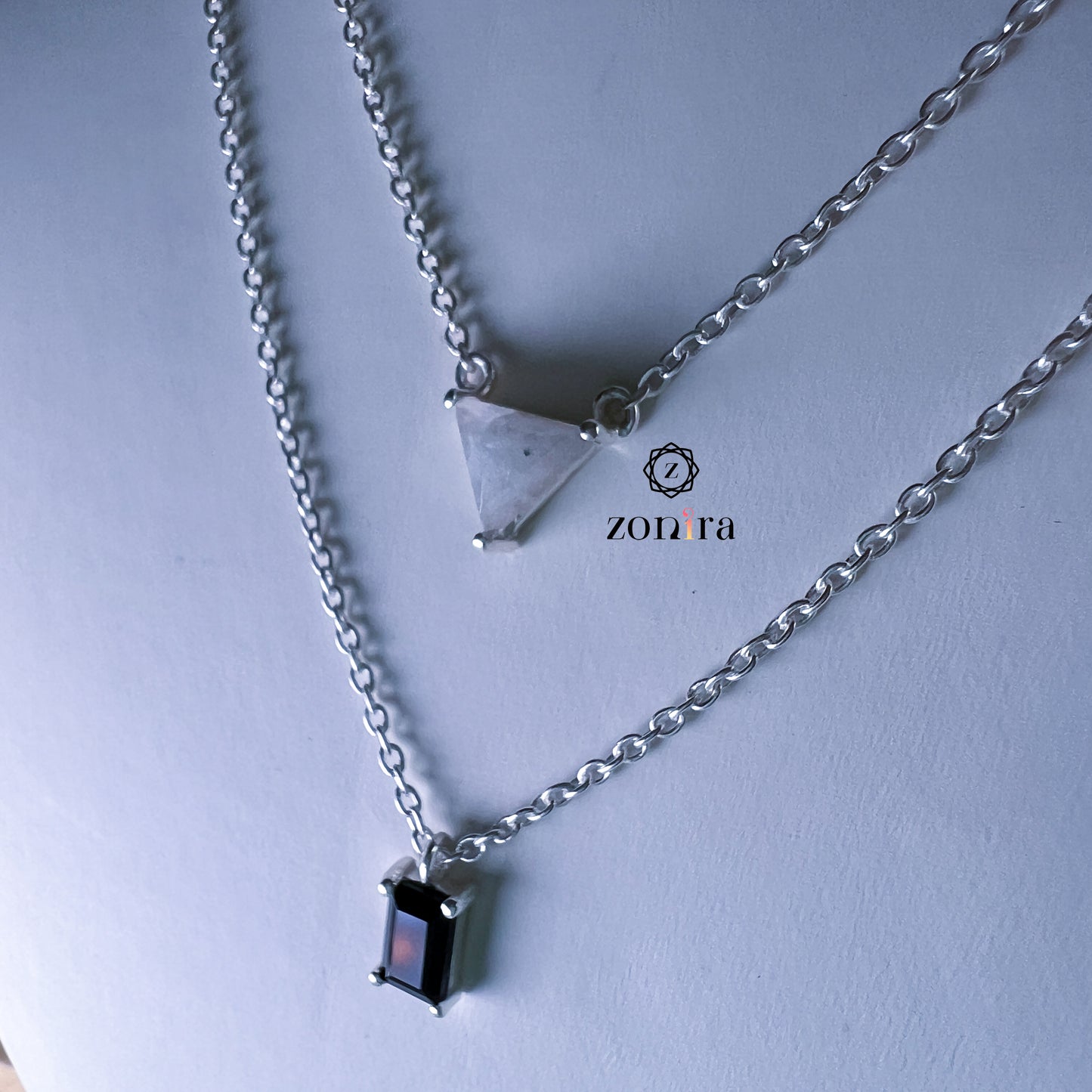 Sia Silver Necklace - Black Onyx & Rainbow Moonstone