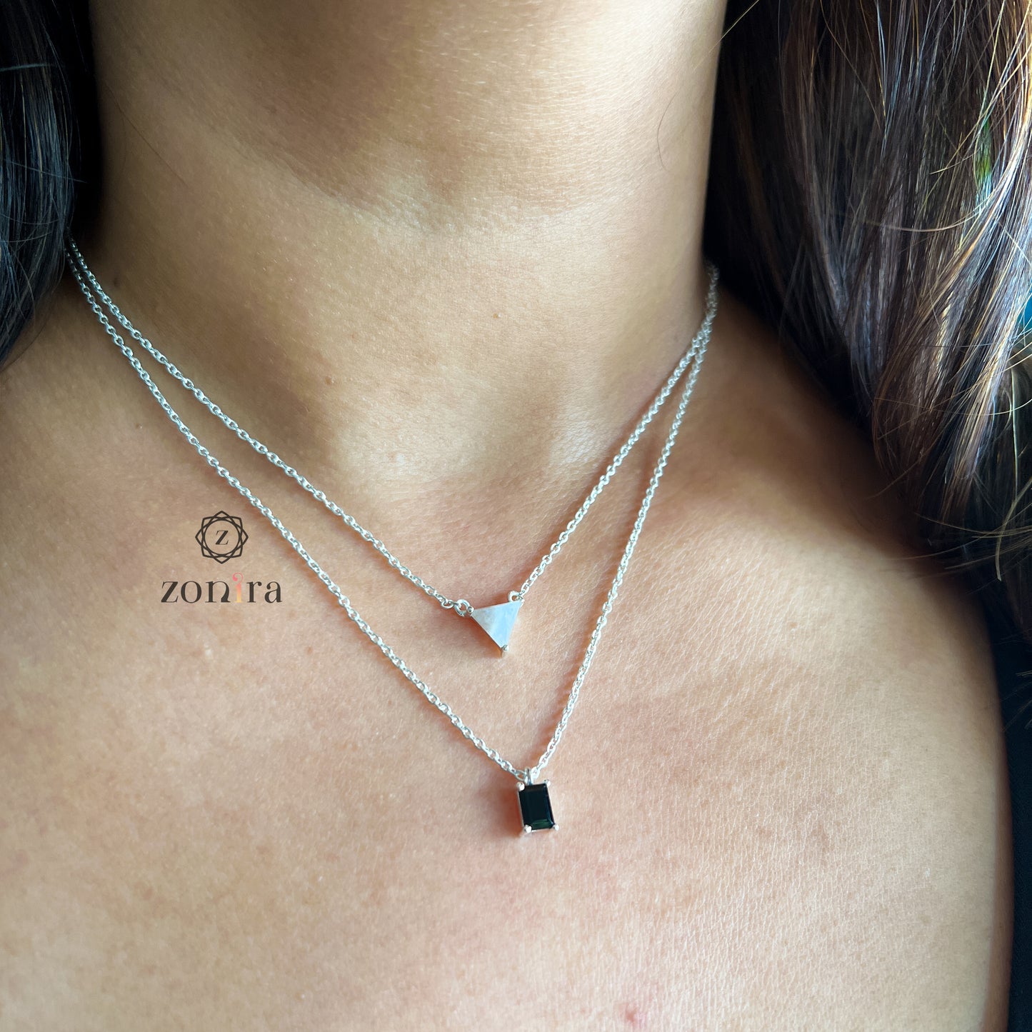 Sia Silver Necklace - Black Onyx & Rainbow Moonstone