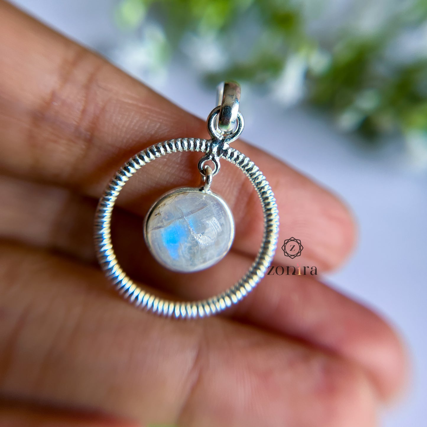 Mishi Silver Pendant - Rainbow Moonstone Circle