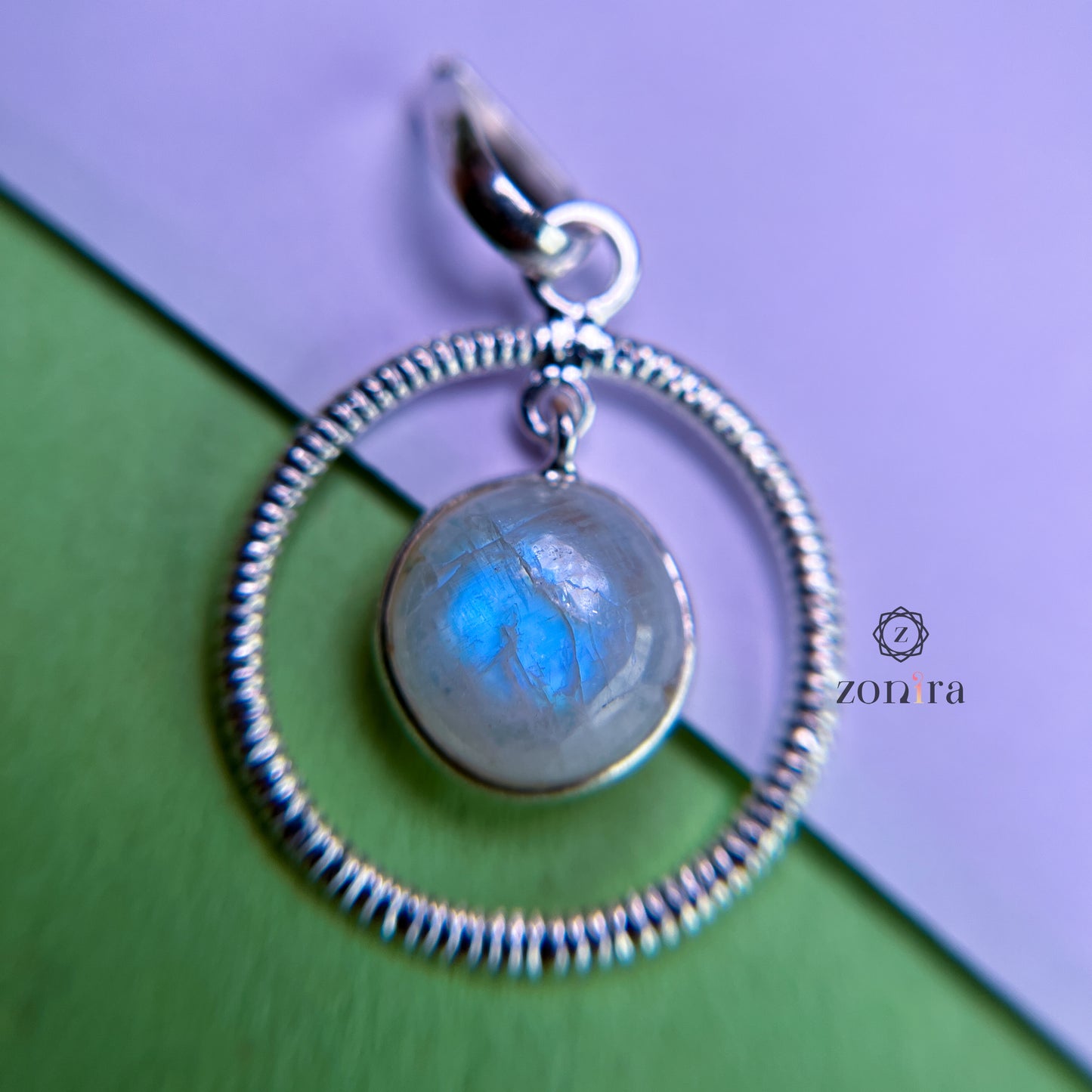 Mishi Silver Pendant - Rainbow Moonstone Circle