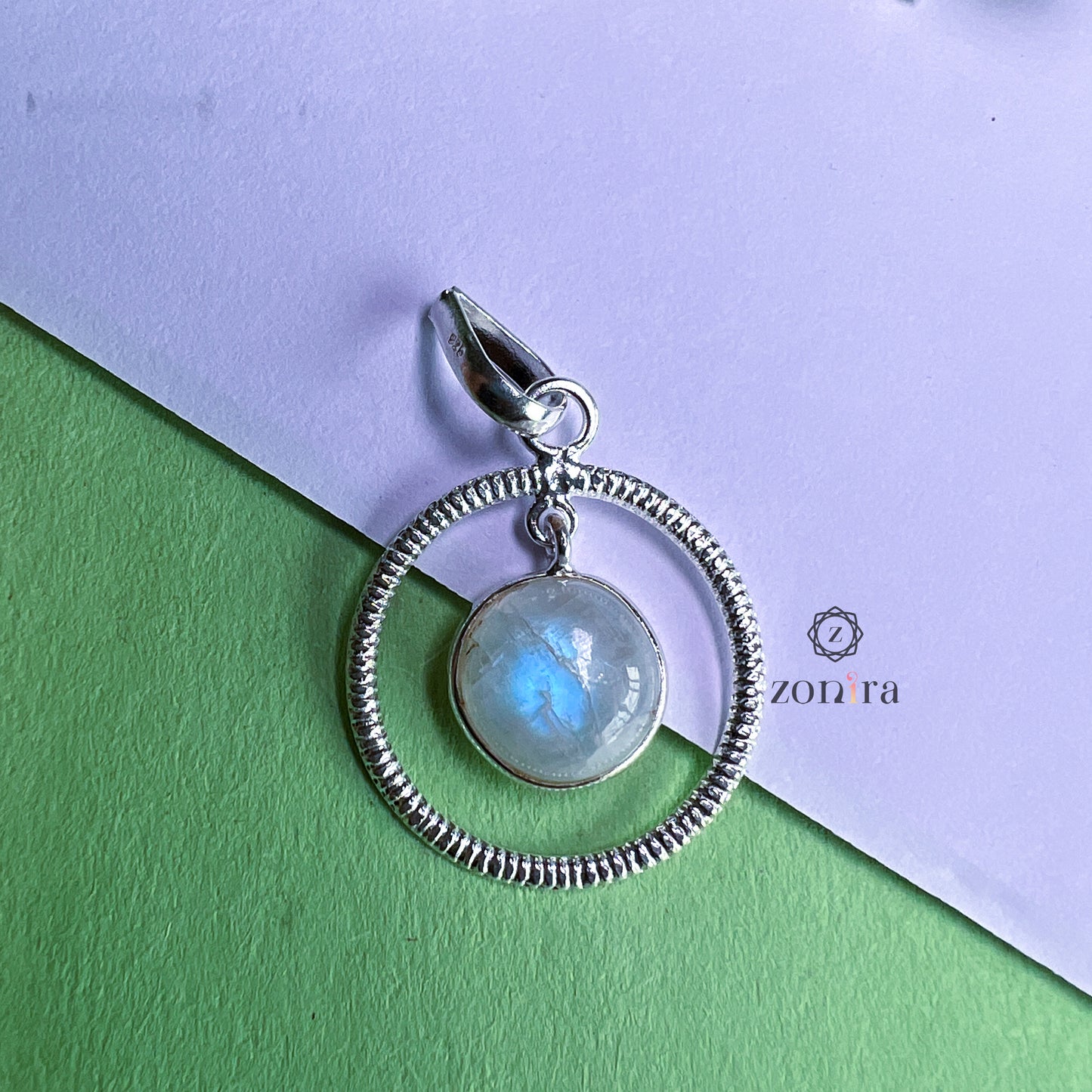 Mishi Silver Pendant - Rainbow Moonstone Circle