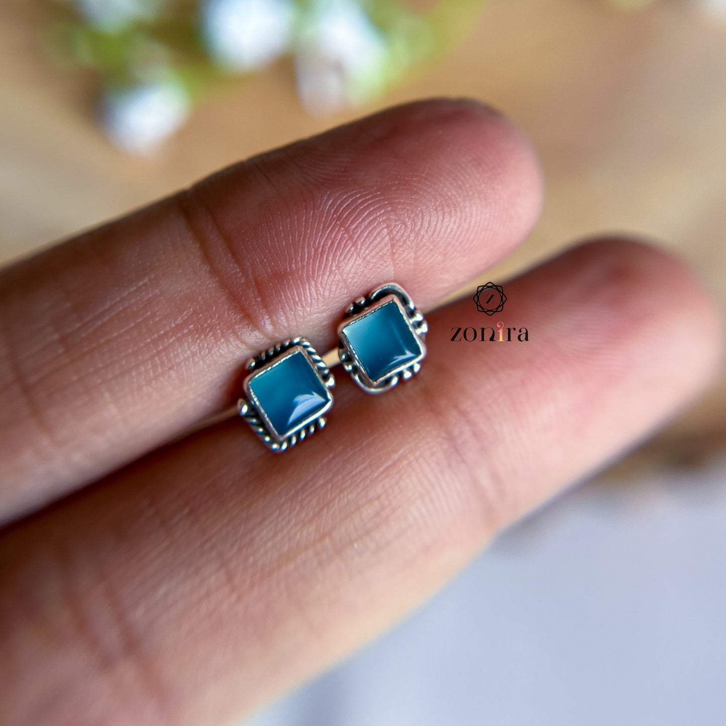 Onila Oxidised Silver Studs - Blue Chalcedony