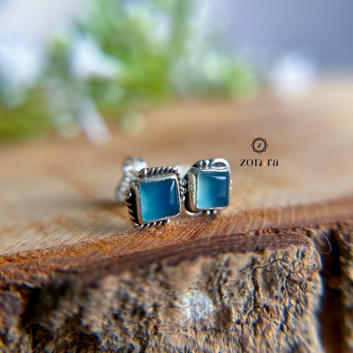 Onila Oxidised Silver Studs - Blue Chalcedony