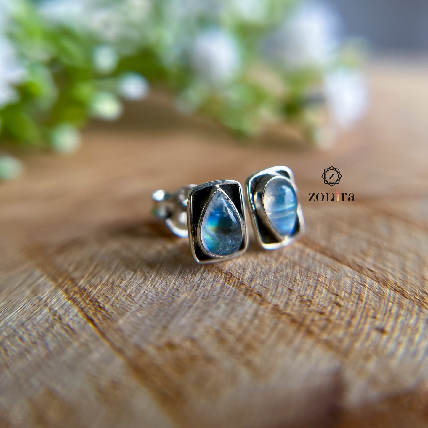 Onila Oxidised Silver Studs - Rainbow Moonstone