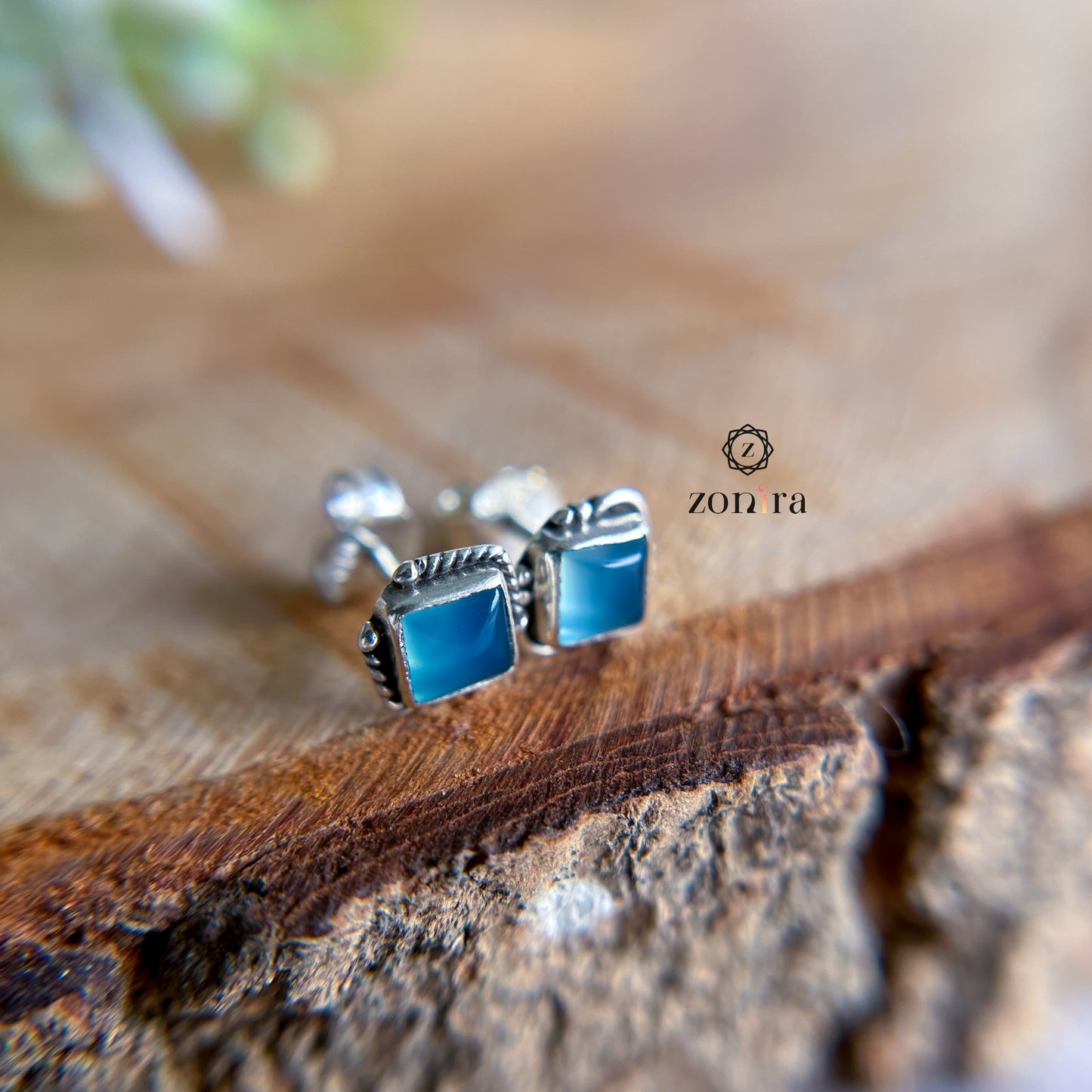 Onila Oxidised Silver Studs - Blue Chalcedony