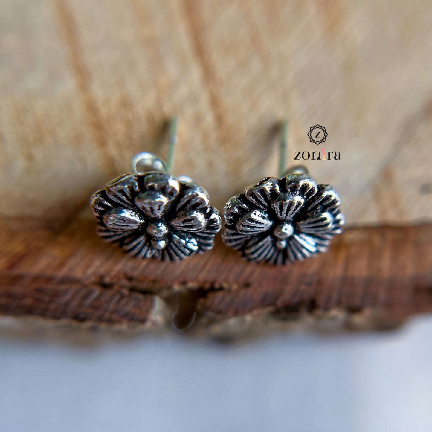 Mayri Oxidised 92.5 Silver Studs - Daisy